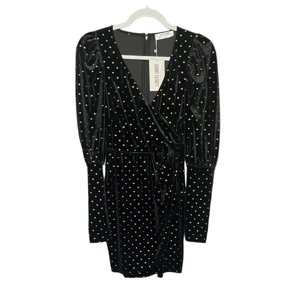 Saint Genies Heart Print Velvet Faux Wrap Mini Dress Black and Gold NWT - Picture 2 of 14